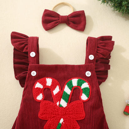 Infant And Toddler Red Christmas Embroidered Winged Triangle Romper