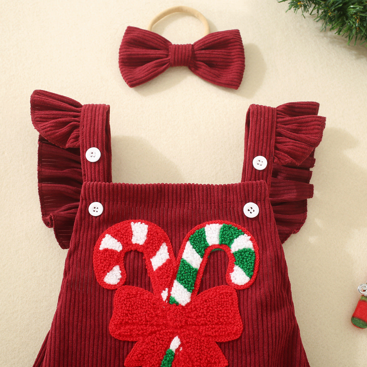 Infant And Toddler Red Christmas Embroidered Winged Triangle Romper