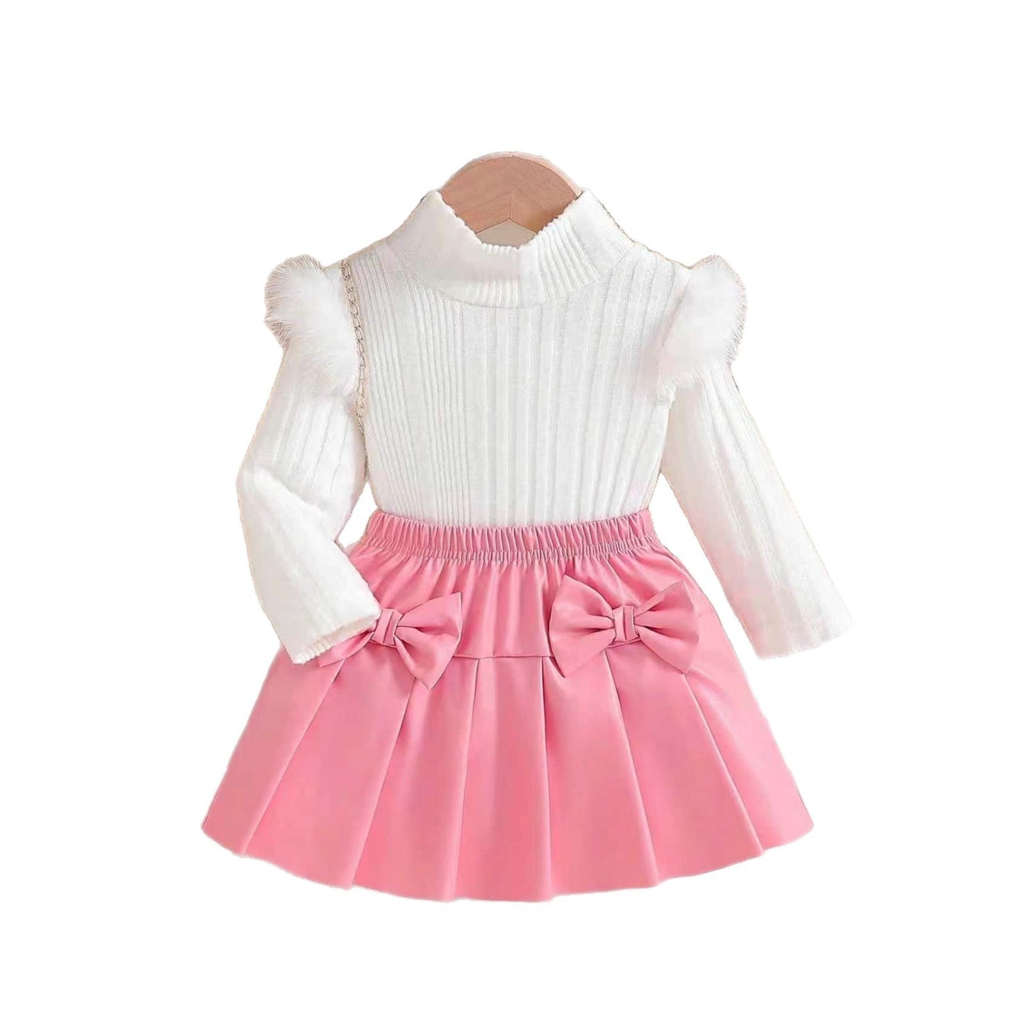Top With PU Bow Pleated Skirt For Children