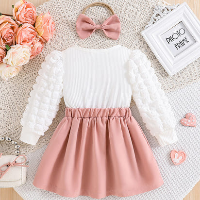 Puff Sleeve Love Top Rose Red Bowknot Short Dress Three-dimensional Flowers