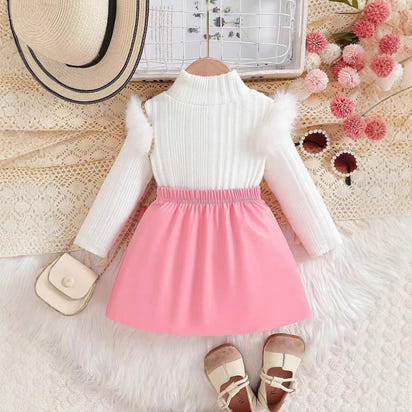 Top With PU Bow Pleated Skirt For Children