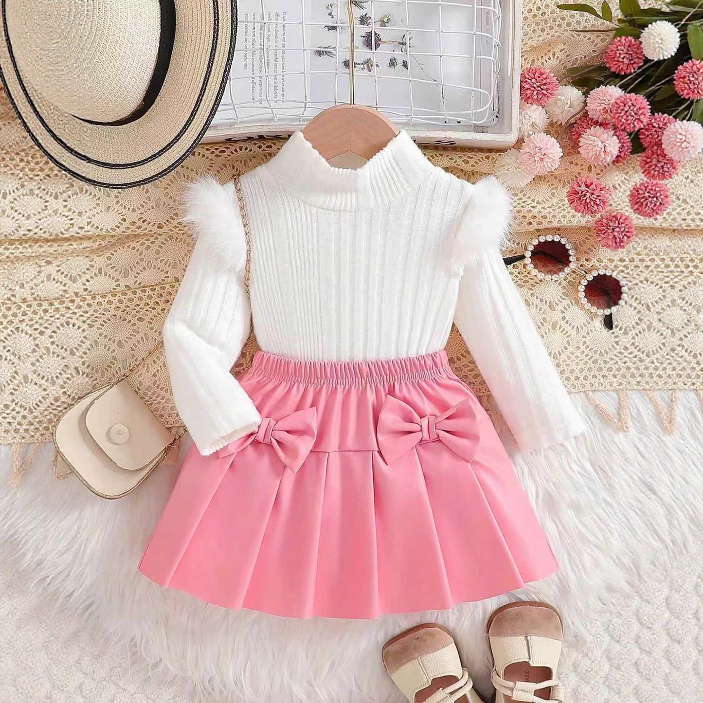 Top With PU Bow Pleated Skirt For Children