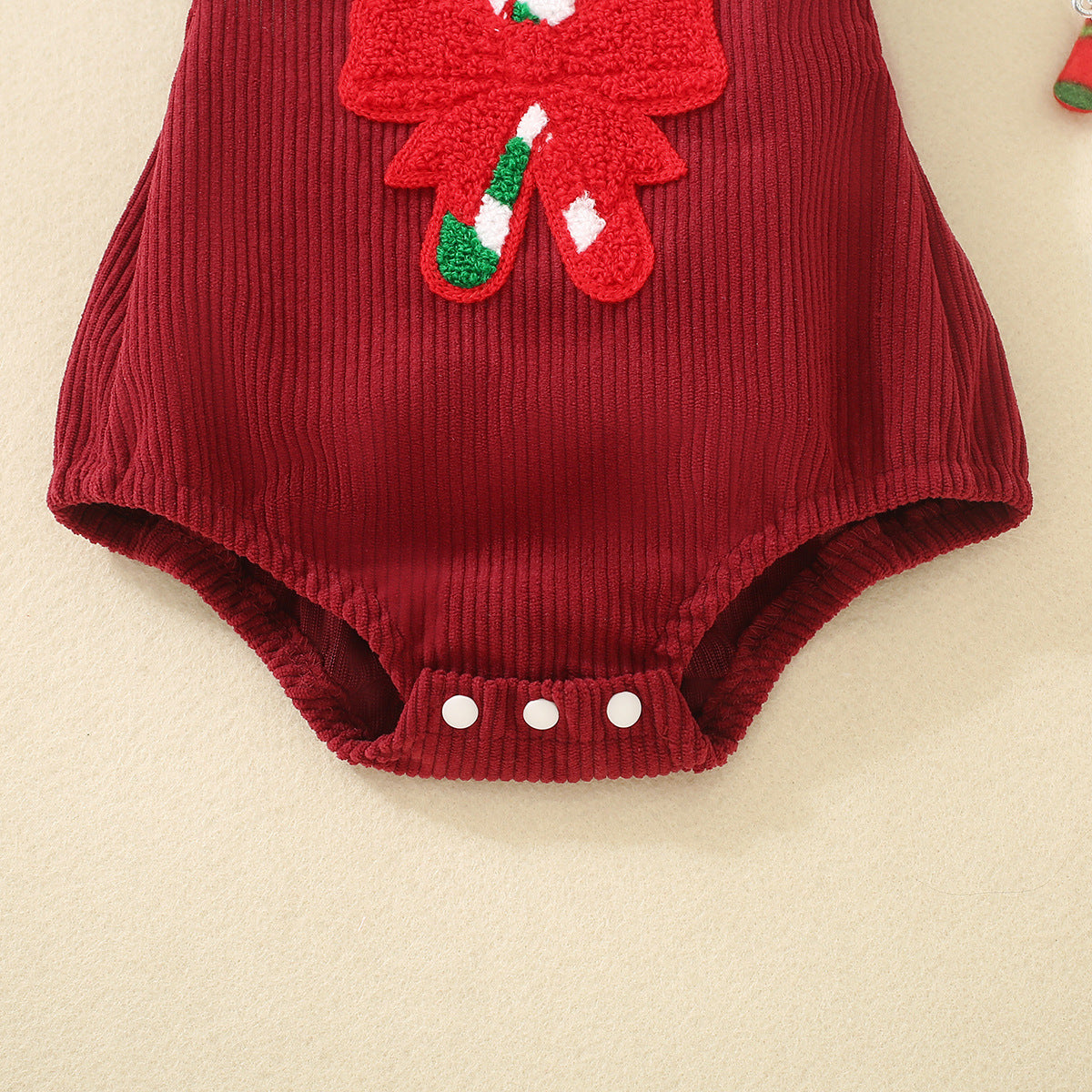 Infant And Toddler Red Christmas Embroidered Winged Triangle Romper