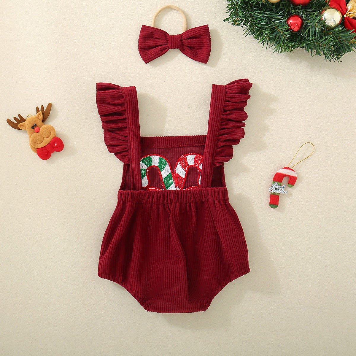 Infant And Toddler Red Christmas Embroidered Winged Triangle Romper