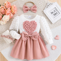 Puff Sleeve Love Top Rose Red Bowknot Short Dress Three-dimensional Flowers