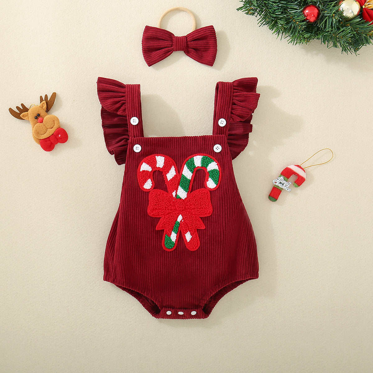 Infant And Toddler Red Christmas Embroidered Winged Triangle Romper