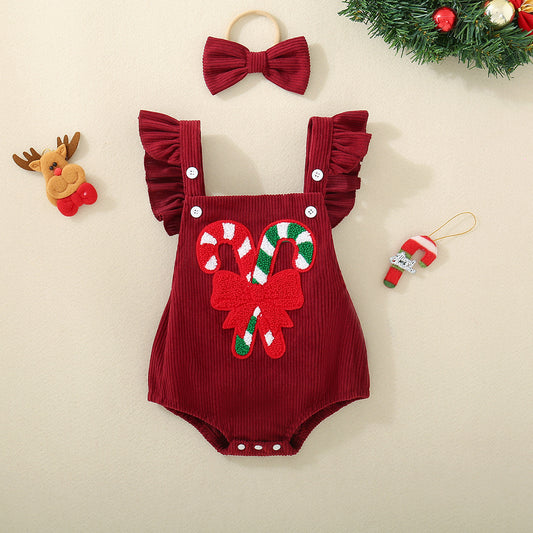 Infant And Toddler Red Christmas Embroidered Winged Triangle Romper