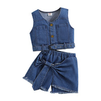 Girls' Denim Suit Vest And Bow Culottes Two-piece Set