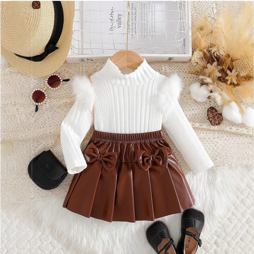 Top With PU Bow Pleated Skirt For Children