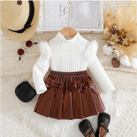 Top With PU Bow Pleated Skirt For Children