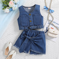 Girls' Denim Suit Vest And Bow Culottes Two-piece Set