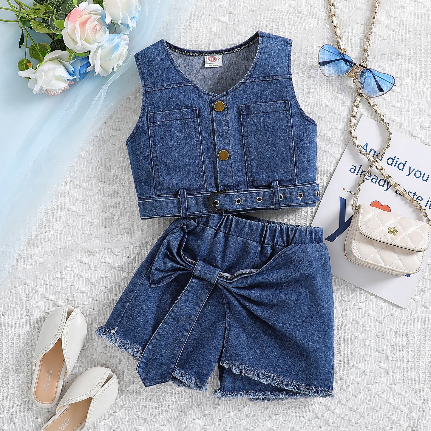 Girls' Denim Suit Vest And Bow Culottes Two-piece Set