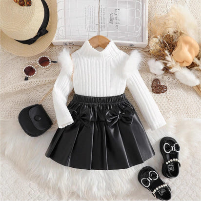 Top With PU Bow Pleated Skirt For Children